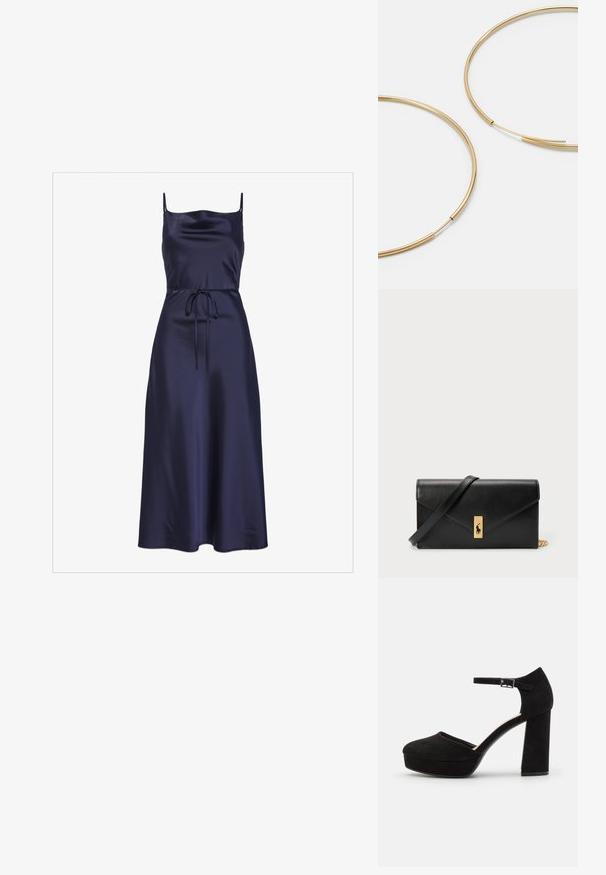 Jūrinės satino suknelė su plonomis petnešėlėmis, prigludusiu bodiju, juosmens juosta ir laisvai krentančia A formos sijonu, demonstruojanti sklandžią ir blizgią tekstūrą.; Juodi zomšiniai platforminiai kulniukai su storu bloku kulnu, apvalia nosimi ir čiurnos dirželiu, kuris pritvirtintas metaliniu užsegimu. Visoje apavo tekstūra lygi.; Aukso spalvos žiedo auskarai, ploni ir apvalūs, su lygiu metaliniu paviršiumi be papuošimų ar raštų.; Juodas odinis piniginė su užlenkiama sklende, auksinėmis detalėmis, su logotipo akcentu. Įeina nuimamas diržas nešiojimui.