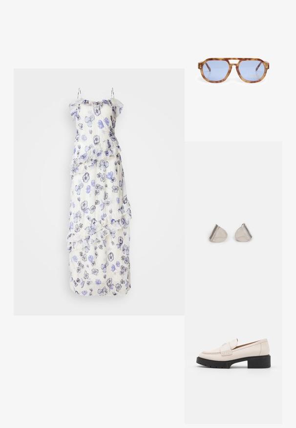 Długa, przezroczysta sukienka z kwiatowym wzorem w odcieniach niebieskiego i szarości. Posiada falbany i delikatne ramiączka spaghetti. Biała baza.; Jasno beżowe skórzane mokasyny z haftowanym przodem i teksturowanym czarnym obcasem. Charakteryzują się zaokrąglonym kształtem i lekkim podniesieniem.; Okulary przeciwsłoneczne w musztardowym deseniu, z niebieskimi soczewkami, kanciastym kształtem, grubą oprawą i wycięciem na nosie; posiadają złoty akcent na skroni.; Srebrne metalowe kolczyki o gładkim, kroplowym kształcie i wypolerowanym wykończeniu. Delikatne grawerunki dodają szczegółów. Minimalistyczny design.