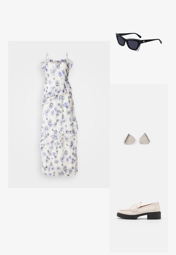 Pikad, läbipaistvad kleit lillemustriga sinistes ja hallides toonides. Omab volangilisi kihte ja õrnu spagetitrukke. Valge alus.; Heled paar heleda beezžilederist valmistatud mokassiinide, millel on õmmeldud esiosa ja tekstureeritud must platvormkonts. Omab kaardus disaini ja kerget tõstet.; Mustad suured mustad prillid geomeetrilise kujuga, tumedate läätsedega ja kontrastse halli detailiga raamidel. Logo käe peal.; Hõbedased metallkõrvarõngad sujuva pisarakuju ja poleeritud viimistlusega. Diskreetne graveering lisab detaile. Minimalistlik disain.