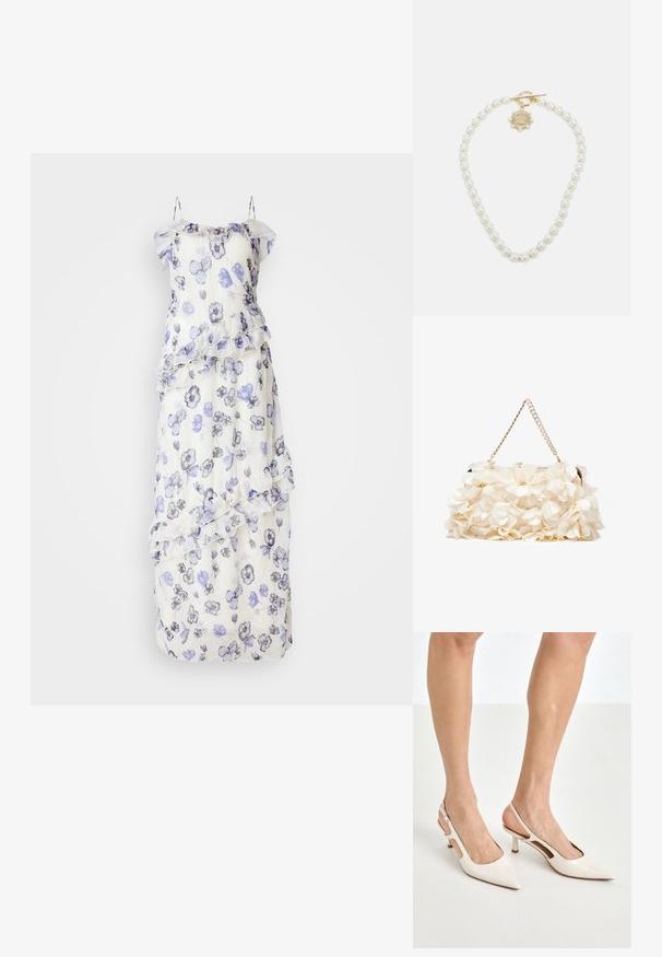 Dlhé, priesvitné šaty s kvetinovým vzorom v odtieňoch modrej a sivej. Obsahujú volánové vrstvy a jemné ramienka. Biela základná farba.; Bežové lakované lodičky na podpätku so špicatou špičkou a 5 cm podpätkom, s výrezmi po stranách a tenkým remienkom okolo členka.; Biela kvetinová taška s nariaseným textilným povrchom, zlatým reťazovým popruhom a kovovým zámkom. Obsahuje textúrované okvetné lístky pre väčší detail.; Lauren Ralph Lauren COLLAR - Náhrdelník - gold-coloured/white