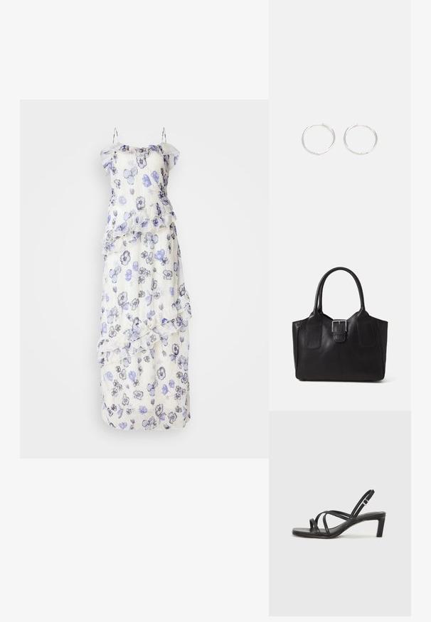 Dlhé, priesvitné šaty s kvetinovým vzorom v odtieňoch modrej a sivej. Obsahujú volánové vrstvy a jemné ramienka. Biela základná farba.; Čierne sandále na vysokom podpätku so štvorcovou špičkou a nízkym blokovým podpätkom. Obsahujú viacero tenkých popruhov a nastaviteľný členkový popruh. Vyrobené z hladkej kože.; Čierna kožená taška s hladkou textúrou, štruktúrovaným tvarom, dvoma uchami a výrazným strieborným prackovým detailom na prednej strane.; Strieborné kruhové náušnice s elegantným, okrúhlym dizajnom, s hladkým povrchom a bez viditeľných ozdôb. Priemer nie je špecifikovaný.