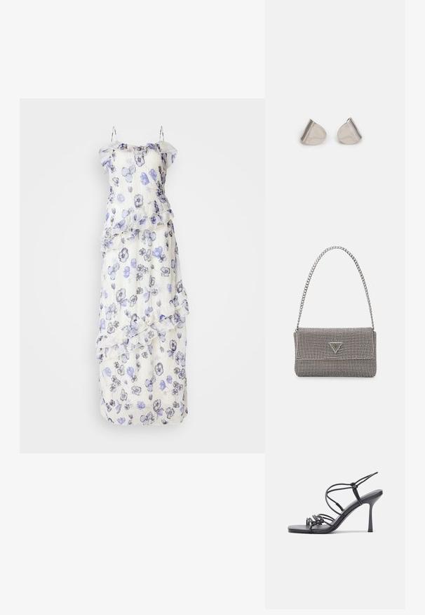 Długa, przezroczysta sukienka z kwiatowym wzorem w odcieniach niebieskiego i szarości. Posiada falbany i delikatne ramiączka spaghetti. Biała baza.; Czarne sandały na wysokim obcasie mają cienkie paski z węzłowym wzorem, gładki, kwadratowy czubek i smukły obcas w stylu szpilki.; Jasnoszara metaliczna torebka na łańcuszku, ozdobiona małymi okrągłymi metalowymi ćwiekami oraz trójkątnym logo marki.; Srebrne metalowe kolczyki o gładkim, kroplowym kształcie i wypolerowanym wykończeniu. Delikatne grawerunki dodają szczegółów. Minimalistyczny design.