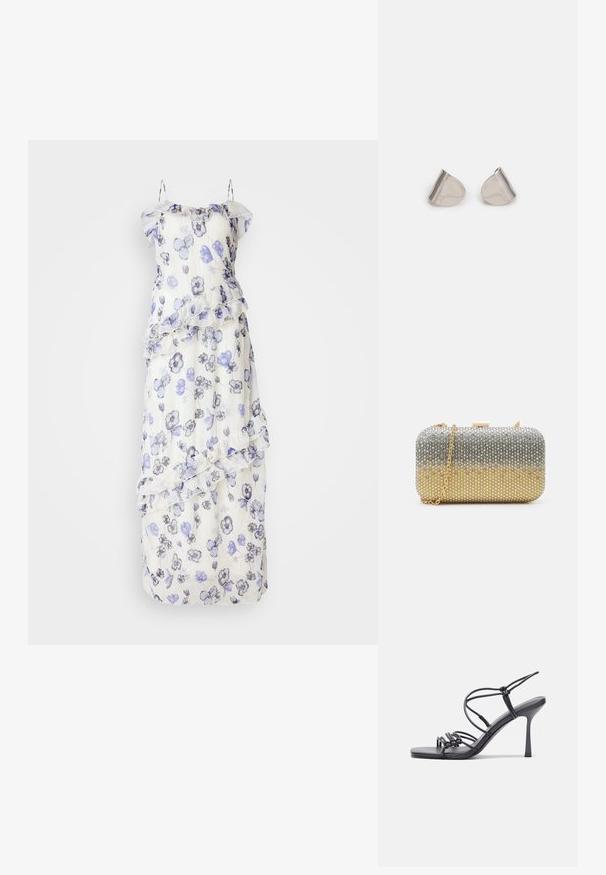 Duga, prozirna haljina s cvjetnim uzorkom u nijansama plave i sive. Ima volančiće i delikatne naramenice. Bijela osnova.; Crne sandale na visokoj potpetici imaju tanke trake s čvorastim dizajnom, glatki kvadratni vrh i elegantnu stiletto petu.; Mascara Ručna torbica - gold-coloured/silver-coloured; Srebrne metalne naušnice s glatkim, oblikom suze i poliranim završetkom. Suptilni utori dodaju detalje. Minimalistički dizajn.