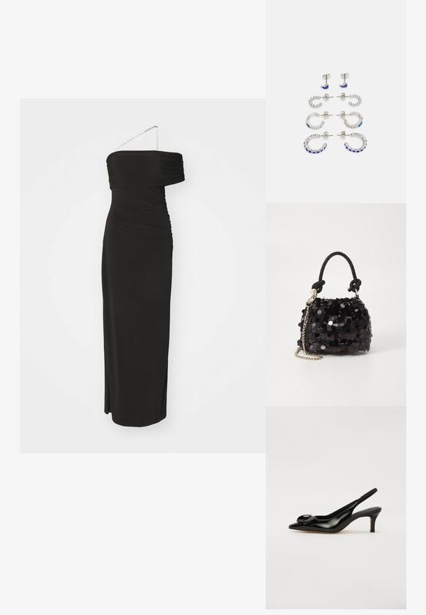 Robe noire, dénudée sur les épaules, avec une texture froncée, une silhouette élégante, fente sur le côté et une fine bretelle en chaîne pour le détail. Fabriquée en tissu extensible.; Chaussure slingback en cuir verni noir avec un bout pointu, un petit talon et un accent de nœud prononcé sur le devant. Texture lisse et design élégant.; Mini sac à main en sequins noirs avec une bandoulière texturée nouée et une chaîne argentée. Forme arrondie avec un haut froncé et des détails réfléchissants.; Ensemble de six boucles d'oreilles en métal argenté. Comprend des designs de clous et de créoles avec des pierres précieuses bleues et transparentes, de tailles et de formes variées.