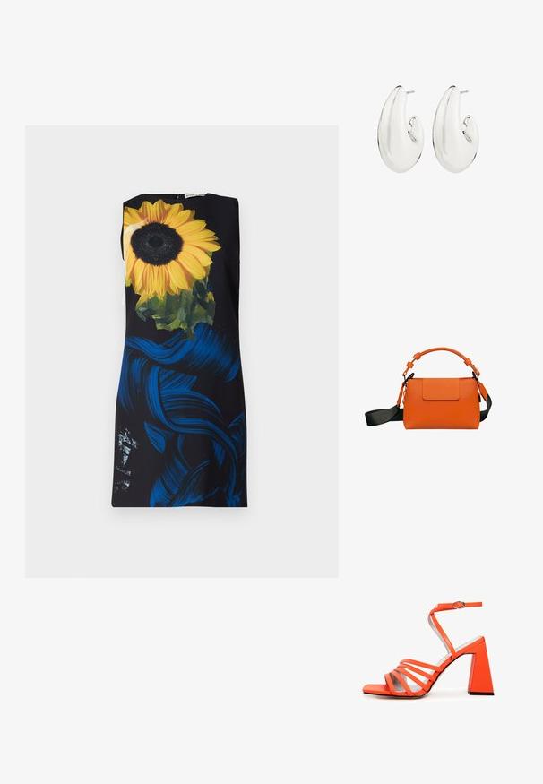 Robe sans manches avec un fond noir présentant un grand motif de tournesol et des motifs en coups de pinceau bleus ; texture de tissu lisse.; Sandale à talon bloc orange avec plusieurs fines lanières et une boucle à la cheville. Texture lisse et design à bout carré. Semelle extérieure noire plate.; Sac à main en cuir orange avec une bandoulière noire amovible, une poignée supérieure, une fermeture rabat, et des détails de couture subtils. Logo embossé sur le devant.; Boucles d'oreilles en ton argent avec un design allongé et ondulé. Surface lisse et réfléchissante avec un fermoir à tige percée.
