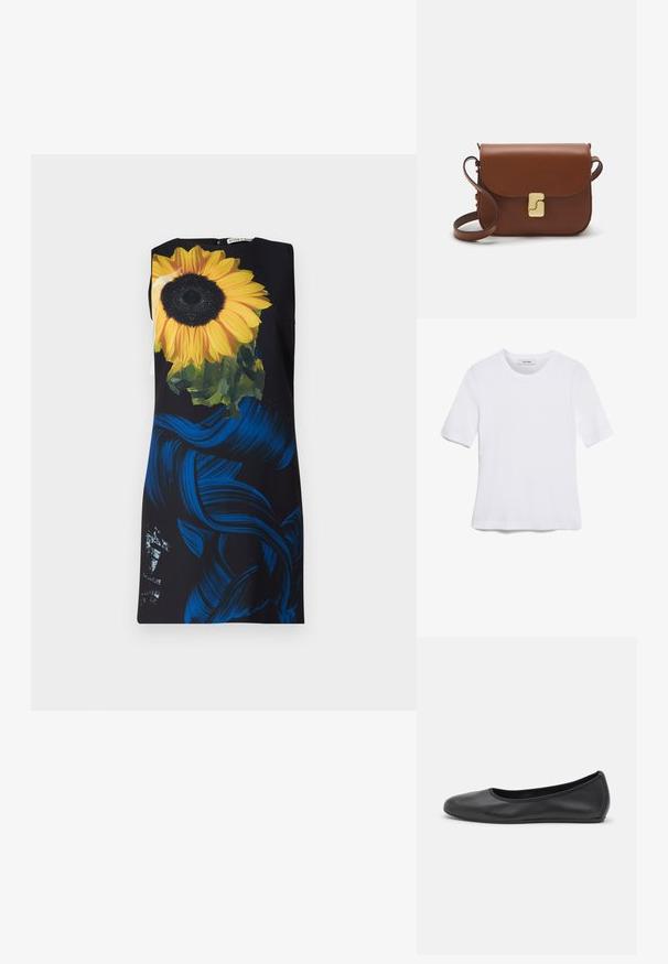 Robe sans manches avec un fond noir présentant un grand motif de tournesol et des motifs en coups de pinceau bleus ; texture de tissu lisse.; T-shirt blanc à manches courtes en tissu côtelé. Col rond, coupe régulière et détails de couture subtils. Aucune motif ni graphique.; Ballerines en cuir noir avec un bout rond, texture lisse, détails de couture minimalistes et design de semelle flexible.; Sac à main en cuir marron avec une fermeture à rabat, des accents en métal doré, une bandoulière et une texture lisse. Forme rectangulaire compacte.