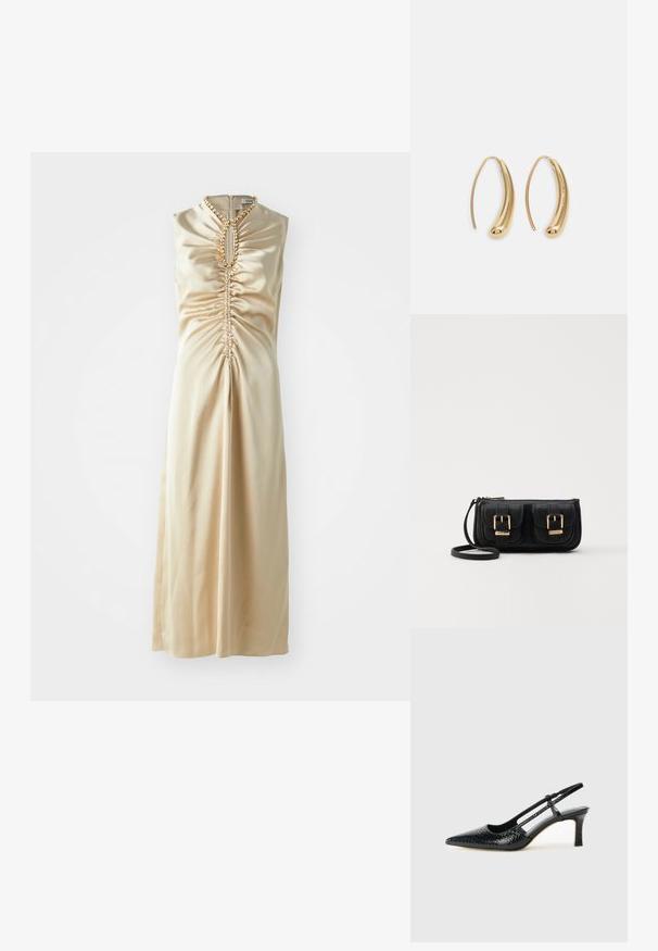 Satin beige klänning med ärmlös design, samlad detalj framtill och juvelaccenter runt halshålet.; Svart lackskin slingback-häl med spetsig tå, med texturerad ormskinnsprint, justerbar rem och en kort, texturerad blockklack.; Svart läderaxelväska med två framfickor, guldspännen, dragkedjestängning och en smal rem. Texturerad yta och kompakt rektangulär form.; Guldtonade metallörhängen i en kurvad, avlång form. Har en slät, glänsande yta och en rundad spets för en extra detalj.