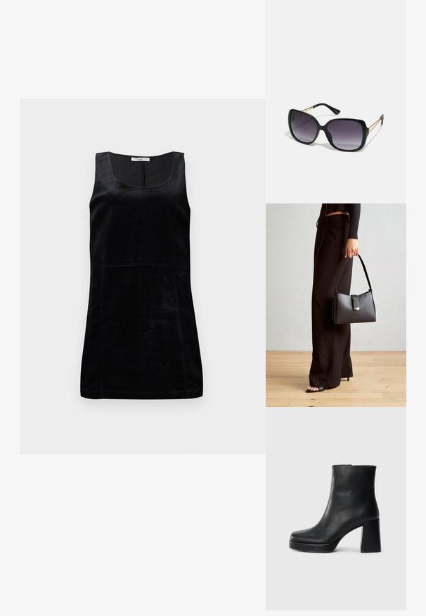 Top negru fără mâneci, realizat dintr-un material ribbed. Prezintă un decolteu în formă de scoică și o siluetă ajustată cu detalii verticale de cusătură.; Botină din piele neagră, cu toc pătrat și talpă platformă, văzută din lateral pe un fundal alb simplu.; Ochelari de soare negri, supradimensionați, cu lentile degradate, rame groase și detalii cu lanț de ton auriu pe brațele templului.; Genți negre cu o formă structurată, textură netedă și un închizător metalic. Asortată cu pantaloni negri largi și sandale cu vârf deschis pe un podea din lemn.