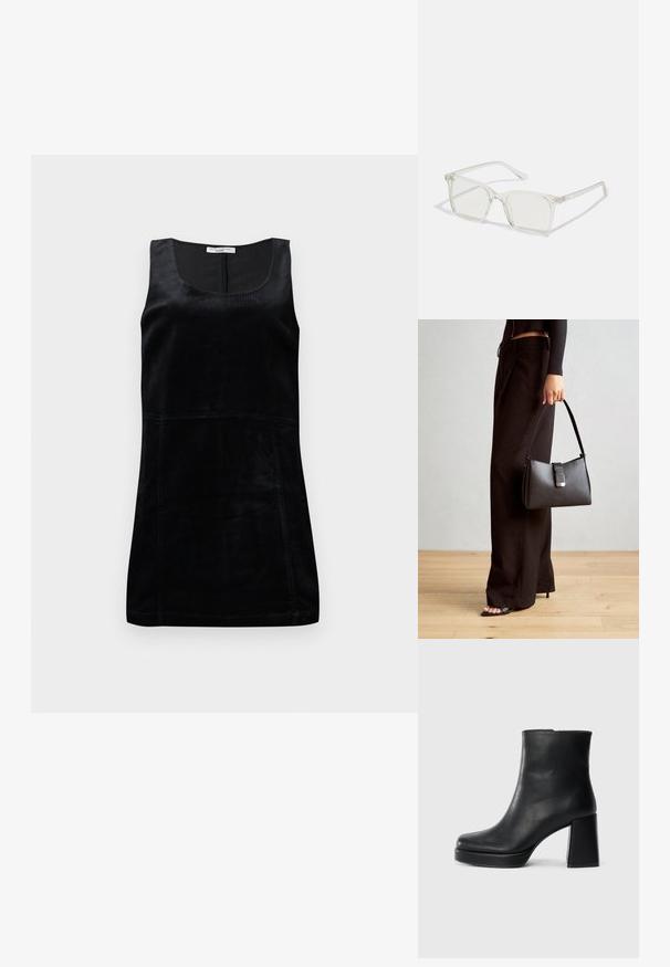 Top preto sem mangas feito de tecido canelado. Apresenta um decote redondo e uma silhueta ajustada com detalhes de costura vertical.; Bota de couro preta até ao tornozelo com salto bloco e sola com plataforma, vista de lado sobre um fundo branco liso.; Óculos quadrados de plástico transparente com lentes translúcidas, apresentando detalhes em dourado nas hastes.; Bolsa preta com forma estruturada, textura suave e um fecho metálico. Combinada com calças largas pretas e sandálias de salto aberto sobre um chão de madeira.