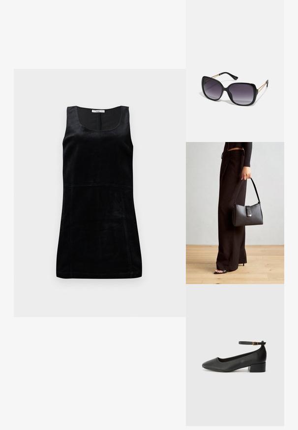 Crna bezrukavna majica napravljena od rebrastog materijala. Ima izrezani dekolte i usku siluetu sa vertikalnim šavovima.; Crne kožne pumpe s oštrim vrhom i niskom blok petom. Sadrže remen oko gležnja s zlatnim kopčanjem. Glatka tekstura.; Crne prevelike sunčane naočale s gradijentnim lećama, debelim okvirom i zlatnim lancem kao detaljem na krakovima.; Crna torba s oblikom koji sadrži strukturu, glađu teksturu i metalnu kopču. Uparena s širokim crnim hlačama i sandalama na otvorenom s drvenog poda.