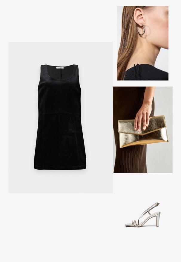 Top negru fără mâneci, realizat dintr-un material ribbed. Prezintă un decolteu în formă de scoică și o siluetă ajustată cu detalii verticale de cusătură.; Sandalie cu toc înalt, metalice, argintii, cu vârful deschis, având trei bretele subțiri peste picior și o bretea pentru gleznă cu cataramă.; Geantă de mână metalică aurie cu o textură netedă, având un închizător în formă de triunghi. Mâna care o ține are unghii frumos îngrijite.; Cercel din argint cu un finisaj polișat, având detalii mici din aur și o formă rotundă, purtat pe lobul urechii.