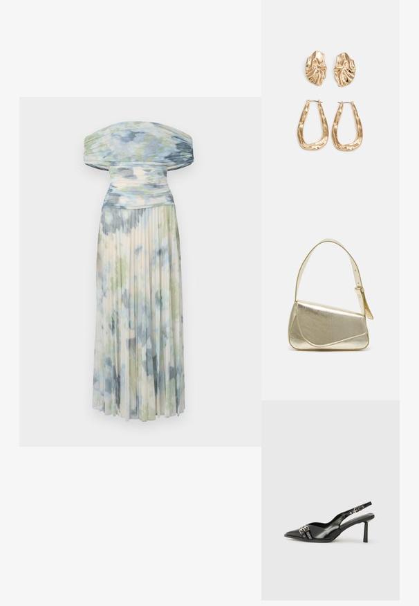 Pleated off-the-shoulder dress in light fabric, featuring a blue and green watercolor pattern with soft, flowing texture.; Black patent leather slingback shoe with pointed toe, ankle straps featuring silver buckles and hardware, and a slender heel.; Gold metallic handbag with a structured design, smooth texture, and adjustable strap. Features a unique triangular shape and minimalist stitching.; Gold-tone earrings featuring textured, wavy shapes. Includes sculptural clip-on studs and open hoop design with a hammered finish.