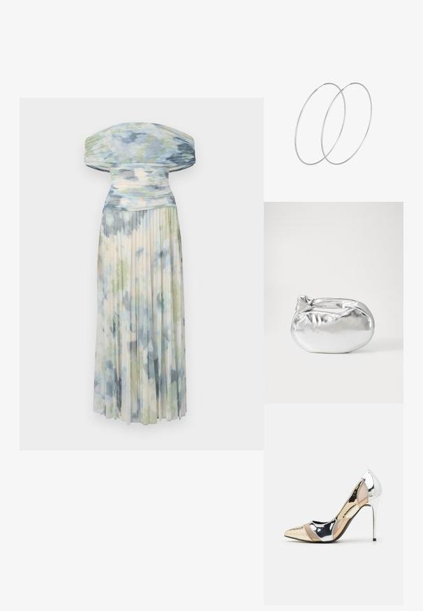 Plisseret off-shoulder kjole i let stof med et blå og grøn akvarelmønster og blød, flydende tekstur.; Spidse højhælede sko med et farveskema i sølv, guld og nude. Blank finish med udskæringsdesign, der har en stilletto hæl.; Sølvmetallic pose med en blød, rund form og en knyttet lukning foroven. Fremstillet af glat faux lædermateriale.; Sølvøreringe med et minimalistisk design. Cirkulær form, glat tekstur og tynd profil. Letvægtige med en poleret overflade.
