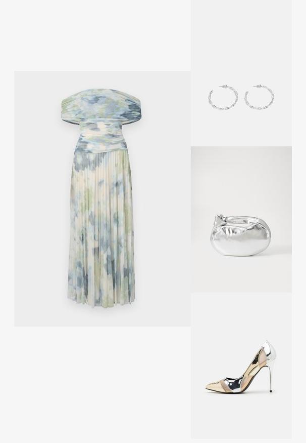 Faltenkleid mit schulterfreiem Schnitt aus leichter Stoffqualität, das ein blau-grünes Aquarellmuster mit weicher, fließender Textur aufweist.; Spitz zulaufender High-Heel-Schuh in einer Farbgestaltung aus Silber, Gold und Nude. Glänzende Oberfläche mit Ausschnittdesign und stiletto Absatz.; Silberne metallic Pouch-Tasche mit einer sanften, abgerundeten Form und einem geknoteten Verschluss oben. Hergestellt aus glattem Kunstleder.; Silberne Creolen mit gedrehter Gestaltung, ausgestattet mit einer polierten Oberfläche und einer Steckverschluss. Sie haben einen Durchmesser von ca. 3 cm.