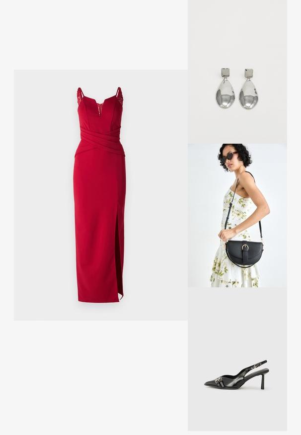 WAL G. RAMIRA DRESS - Pidulikud riided - dark red; Must musta nahk kingad sanga ja terava ninaga, ankle strapidega, millel on hõbedased pandlad ja riistvara ning õhuke konts.; Mustmust mustraha kõverate joontega, eemaldatava rihmaga ja kuldsete detailidega. Kotil on klapp, millel on pandladetail.; Hõbedased ripatsid, millel on ruudukujuline studs, siledat ja poleeritud viimistlust ning pisarakuju, peegeldades valgust läikiva pinnaga.