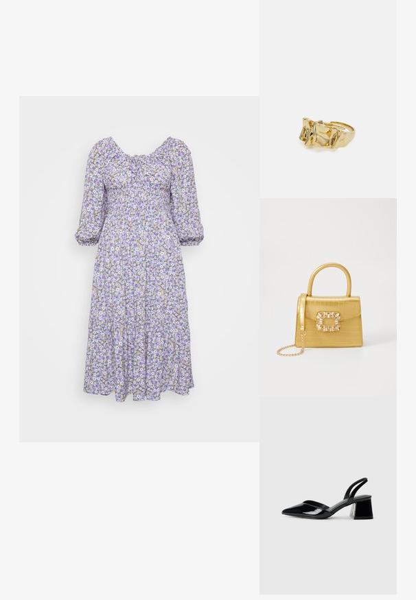 Blommig midikjol med puffärmar, lila bas och blommönster i vitt/gult. Smockad liv och flerlagad kjol. Mjuk bomullstyg.; Svarta lackläder slingback klackar med spetsig tå och geometrisk klack. Har en elegant, minimalistisk design och slät yta.; Gul faux-krokodilhandväska med en strukturerad design, topphandtag, avtagbar kedjesladd och dekorativa kristalldekorationer på klämman.; Guldring med texturerad, vågig design som har tre framträdande toppar. Slät, glänsande yta med en öppen band för justerbar passform.