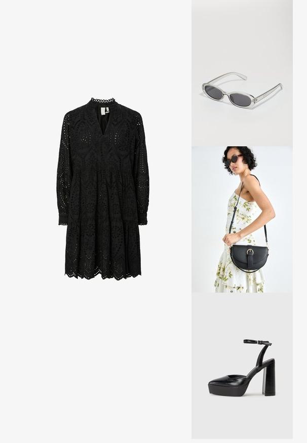 Černé šaty s dlouhým rukávem, které mají složité výřezové vzory, výstřih do V a vrstvenou sukni s vlnitým lemem a vyšívanými detaily.; Černé platformové podpatky s špičatou špičkou a nastavitelným kotníkovým popruhem. Vyrobeny z hladké kůže, s masivním blokovým podpatkem.; Sluneční brýle s oválným tvarem, průhledným plastovým rámem, tmavě šedými skly a tenkými průhlednými stranami s akcenty loga a minimálními detaily.; Černá kožená kabelka s křivkovým tvarem, odnímatelným popruhem a zlatými detaily. Kabelka má klopu s přezkou.