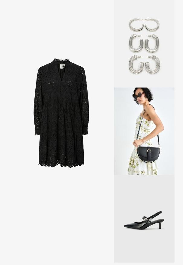 Juoda, ilgomis rankovėmis suknelė su sudėtingais išpjovos raštais, V formos kaklu ir sluoksnišku sijonu su bangų formos apačia ir siuvinėjimo detalėmis.; Juodai lakuoti slingback aukštakulniai su smailiu kojų pirštu ir mažais blokiniais kulniukais, su sidabro sagtimi ant dirželio.; Juodas odinis krepšys su išlenkta forma, nuimamu dirželiu ir auksiniais detalėmis. Krepšys turi kilpą su sagtimi.; Keturi sidabrinių auskarų poros: du blizgūs lygaus žiedo dizainai, vienas tekstūruotas ir vienas padengtas mažomis skaidriomis cirkonio akmenėliais.