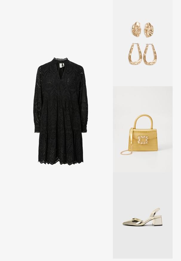 Črna obleka z dolgimi rokavi, ki vsebuje zapletene izrezane vzorce, dekolte v obliki črke V in plasten z robom z valovitimi robovi ter vezeninami.; Zlati, kovinski slingback čeveljci z ostrim nosom in masivnim peto. Gladka tekstura, minimalistična zasnova in ozka zanka.; Rumeno usnjeno-usnje z vzorcem krokodila, s strukturiranim dizajnom, zgornjo ročajem, snemljivo verižico in dekorativnim kristalnim okrasjem na zaponki.; Zlato obarvani uhani z teksturiranimi, valovitimi oblikami. Vključujejo skulpturalne sponke za ušesa in odprto obliko obročka s kladivastim finišem.