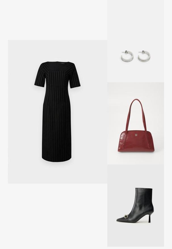 Rochie neagră cu mâneci scurte, decolteu pătrat și dungi albe verticale. Design ajustat, cu lungime până la genunchi, textură de țesătură netedă.; Botine negre din piele, cu vârf ascuțit, toc subțire de înălțime medie și detaliu cu cataramă argintie pe lateral, pe un fundal simplu.; Geantă de umăr roșie, matlasată, fabricată dintr-un material lucios, având două mânere lungi și un accent cu logo argintiu. Cusăturile diagonale creează textură.; Cercei din argint sub formă de cerc, cu o suprafață netedă și un rând de pietricele clare mici de-a lungul marginii inferioare, având un sistem de prindere cu tijă.