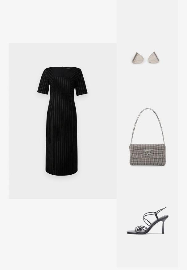 Čierne šaty s krátkymi rukávmi, štvorcovým výstrihom a vertikálnymi bielymi prúžkami. Strihované, po kolená, hladká textúra látky.; Čierne sandále na vysokom podpätku majú tenké remienky s uzlovým dizajnom, hladký štvorcový špičku a elegantný stiletto podpätok.; Svetlošedá metalická kabelka s reťazovým popruhom, ozdobená malými kruhovými kovovými štítkami a trojuholníkovým logom značky.; Strieborné kovové náušnice s hladkým tvarom kvapky a lesklým povrchom. Jemné rytiny pridávajú detail. Minimalistický dizajn.