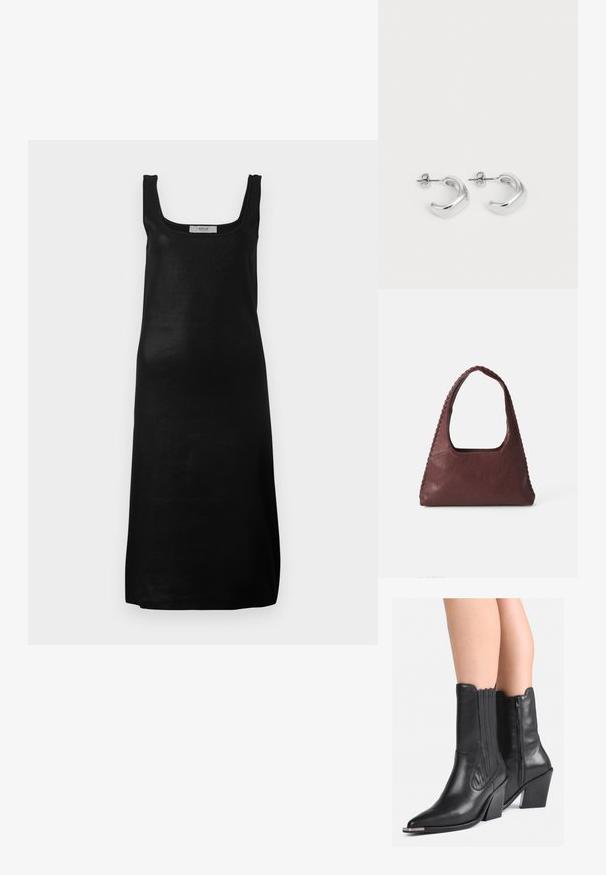 Must mustriga kleit ruudukujulise kaelusega ja sirge siluetiga. Valmistatud siledast, kergest kangast, millel on minimaalne disain.; Mustad musta nahast poolpikkade cowboy saapad, terava ninaga, kihtidega kontsadega, külgzipperiga ja dekoratiivsete õmblustega, kantud paljaste jalgade peal.; Burgundia nahkkott, millel on kolmnurkne kuju, avatud ülemine osa ja palmikdetail käepideme ääres. Sile tekstuur ja matt viimistlus.; Hõbedased rõngas kõrvarõngad, millel on sile ja poleeritud viimistlus. Ümmargune kuju, millel on veidi kumer disain ja sulandatud servad. Klambri sulgemine.