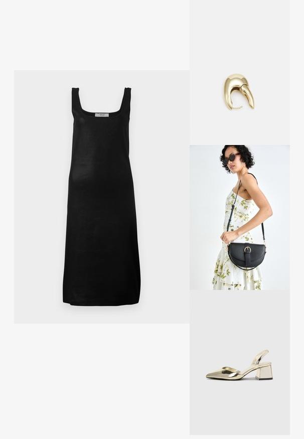 Black sleeveless dress with a square neckline and a straight silhouette. Made from a smooth, lightweight fabric with a minimal design.; Gold, metallic slingback heels with a pointed toe and chunky heel. Smooth texture, minimalistic design, and a narrow strap.; Black leather handbag with a curved shape, detachable strap, and gold hardware. The bag features a flap with a buckle detail.; Gold-tone metal earring with a sleek, curved design. Features a distinctive pointed shape, polished surface, and hinge closure.