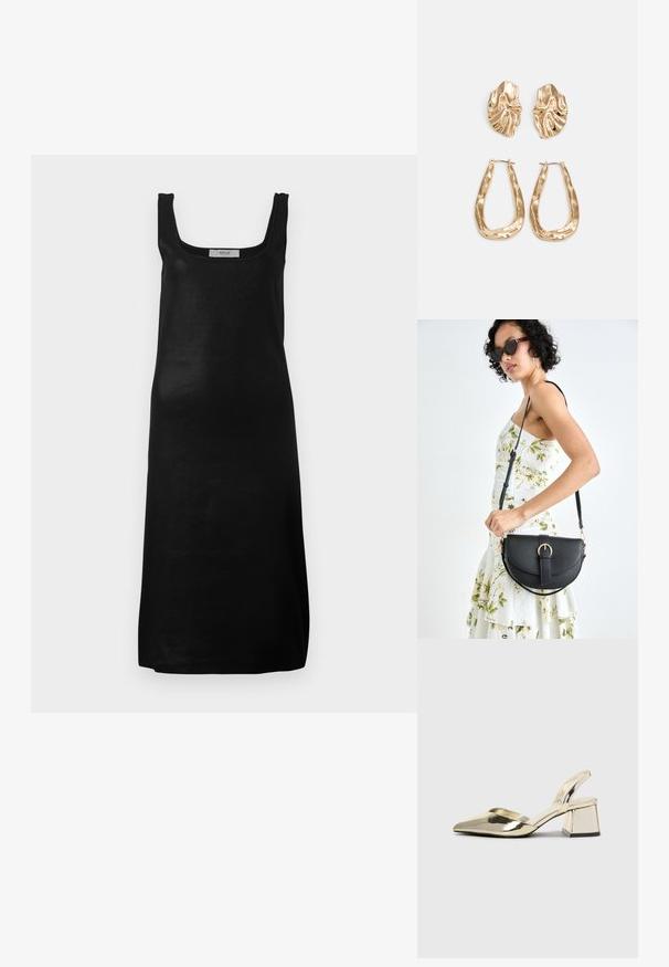 Robe noire sans manches avec un col carré et une silhouette droite. Fabriquée en tissu léger et lisse avec un design minimaliste.; Talons aiguilles dorés métalliques avec un bout pointu et un talon épais. Texture lisse, design minimaliste et une fine bride.; Sac à main en cuir noir avec une forme courbée, bandoulière amovible et des accessoires en or. Le sac est doté d'un rabat avec un détail de boucle.; Boucles d'oreilles dorées présentant des formes texturées et ondulées. Comprend des clips sculpturaux et un design de créoles ouvertes avec une finition martelée.
