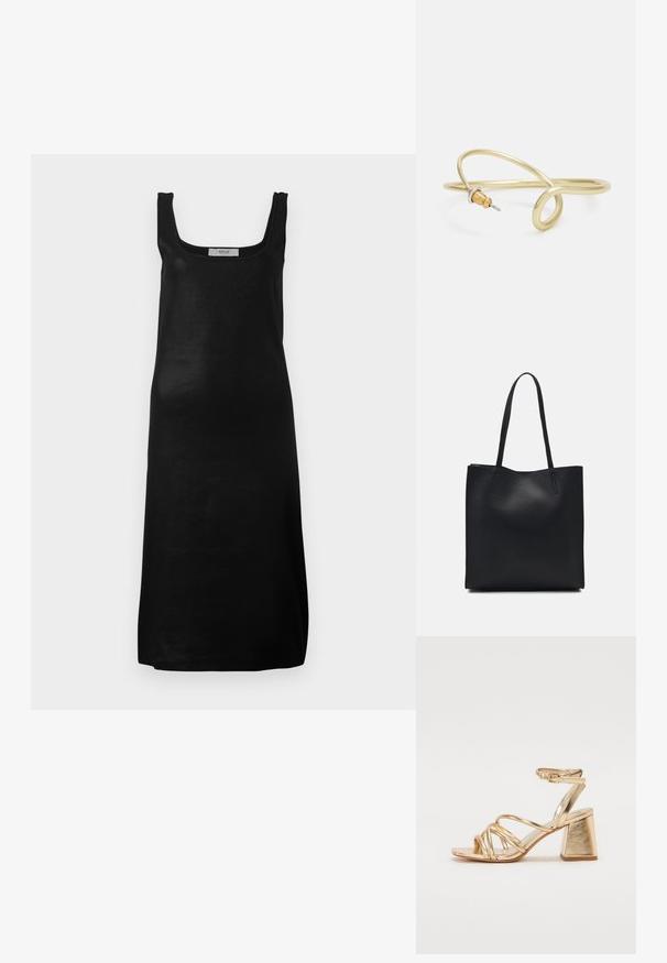 Mustat ilmanhihoiset mekko, jossa on neliömainen pääntie ja suora siluetti. Valmistettu sileästä, kevyestä kankaasta, jossa on minimalistinen muotoilu.; Kultaiset metalliset korot, joissa on ristikkoasu, neliskanttinen tukevampi korko ja säädettävä nilkkahihna soljella. Melko sileä pinta.; Mustapahkainen kangaskassi, jossa on sileä pinta, suorakaiteen muotoinen ja kaksi pitkää kahvaa. Ei näkyvää metalliosaa tai koristeita.; Kultainen metallinen ranneketju, jossa on sulava ja kaareva muotoilu. Yhdessä päässä on pieni, hallitseva hopeanvärinen korostus.