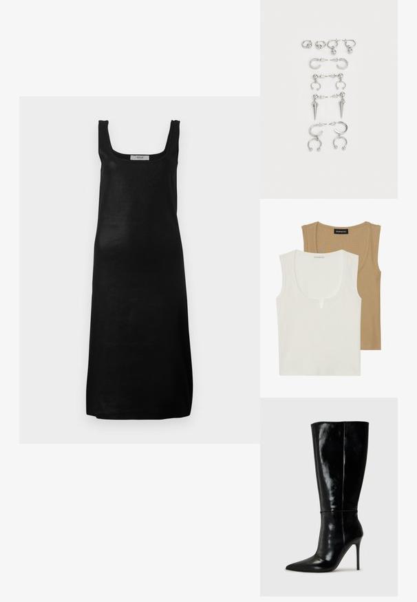 Vestido preto sem mangas com decote quadrado e silhueta reta. Feito de um tecido liso e leve com um design minimalista.; Dois tops: um creme com decote em U e um leve detalhe à frente, o outro castanho claro, ambos com textura canelada e alças largas.; Botas de couro pretas até ao joelho com bico fino e salto alto de agulha. Textura suave e design elegante, com detalhes mínimos.; Conjunto de brincos de prata com diversos designs: argolas, studs e modelos pendentes, com acentos de bola e elementos pontiagudos.