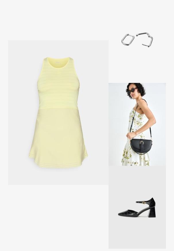 Šviesiai geltona sportinė suknelė su prigludusia viršūne ir platėjančia sijonu, pasižyminti tekstūruotu raštu ir logotipu krūtinės srityje.; Juodos lakinės odos aukštakulniai batai su smailiu kumščiu, kulkšnies dirželiu ir tekstūruotu krokodilo raštu. Kvadratinis stulpelis.; Juodas odinis krepšys su išlenkta forma, nuimamu dirželiu ir auksiniais detalėmis. Krepšys turi kilpą su sagtimi.; Sidabriniai metaliniai špringiniai spaustukai, vienas stačiakampis ir vienas ovalus, su lygiomis paviršiais ir apvalintais kraštais. Abu turi blizgų paviršių ir paprastą dizainą.