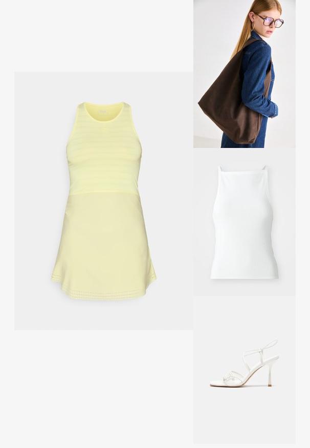 Vestido desportivo amarelo claro com um top ajustado e uma saia rodada, apresentando um padrão texturizado e um logótipo na zona do peito.; Top de alças finas, branco, com textura canelada, apresentando um design ajustado e suave. O tecido parece elástico e ligeiramente estruturado.; Sandália de salto alto branca com tiras, base plana nos dedos, frente texturizada com detalhes franzidos e uma tira fina para o tornozelo.; Bolsa tote de couro castanho com uma textura suave, apresentando um design espaçoso e uma única alça. Usada com uma jaqueta de ganga azul.