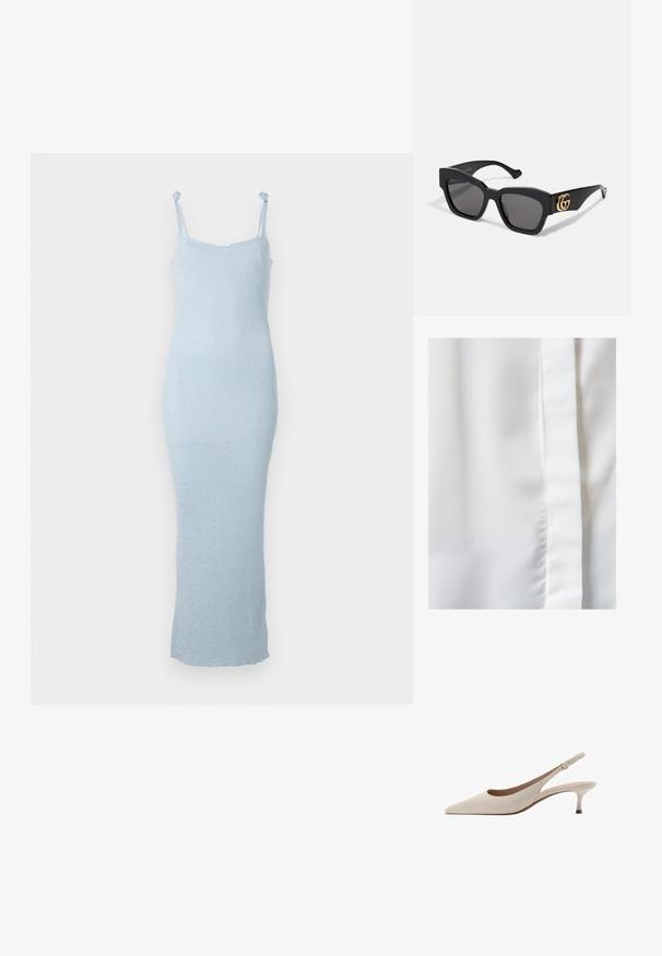 Jasnoniebieska dzianinowa sukienka o dopasowanym kroju, z regulowanymi ramiączkami spaghetti i długości do ziemi. Gładka tekstura i minimalne wykończenie.; Biały materiał o gładkiej, jedwabistej fakturze, z delikatnym połyskiem i pionowym szwem po prawej krawędzi.; Beżowe szpilki slingback z zakończeniem w szpic i niskim, rozkloszowanym obcasem. Wykonane z gładkiej skóry, o minimalistycznym wzornictwie i regulowanym pasku.; Czarne prostokątne okulary przeciwsłoneczne z ciemnymi soczewkami, z złotym logo GG po boku. Wykonane z błyszczącego plastiku z prostymi zausznikami.