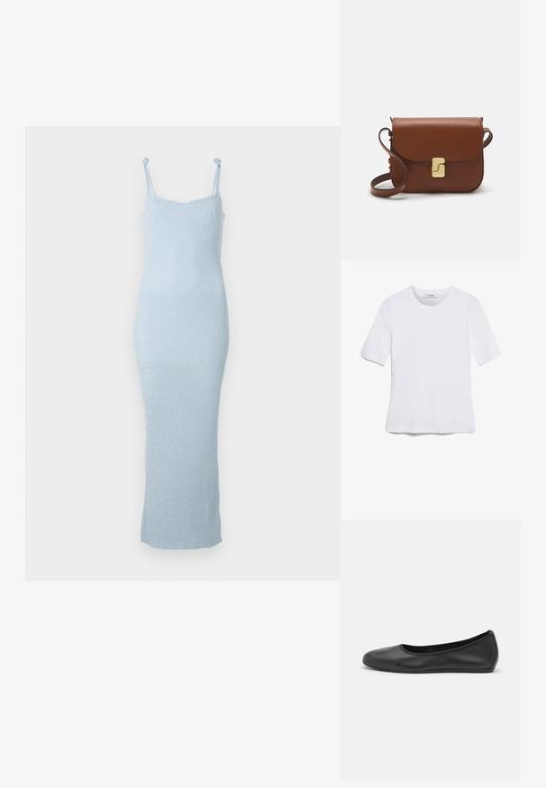 Světle modré pletené šaty s přiléhavým střihem, které mají nastavitelné ramínka a délku až k zemi. Hladká textura a minimální detaily.; Bílá tričko s krátkým rukávem vyrobené z žebrované tkaniny. Kulatý výstřih, normální střih a jemné detaily šití. Bez vzorů nebo grafik.; Černé kožené baletní byty s kulatou špičkou, hladkou texturou, minimálními švy a flexibilním designem podrážky.; Hnědá kožená kabelka s klopou, zlatými kovovými detaily, ramenním popruhem a hladkým povrchem. Kompaktní obdélníkový tvar.