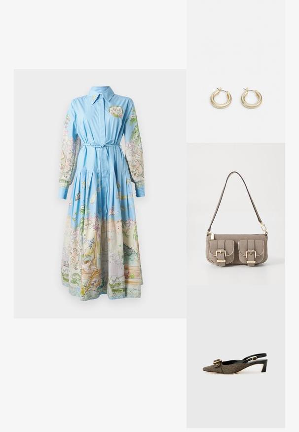 Hele sinine kleit pikkade trükitud varrukatega, mis sisaldavad värvikat illustreerimist; kraega, kõrva seotud vöö ja plisseeritud seelik.; Slingback kontsad koos terava ninaga, pruunist mustriga kangast, kuldse pandlaga, mustast nahast rihm ja lühike plokknina.; Beez tekstuuriga käekott reguleeritava rihmaga, kahe esikoti ja lukuga, mis on kindlustatud pandlatega, ning kuldsete detailidega. Ülemine luku sulgemine.; Lauren Ralph Lauren BASIC SMALL HOOP - Kõrvarõngad - gold-coloured