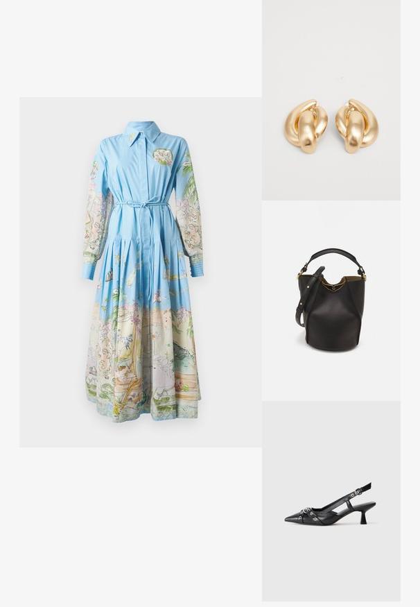 Světle modré šaty s dlouhými potištěnými rukávy, které obsahují barevné ilustrace; s límečkem, uvázaným pasem a plisovanou sukní.; Černé kožené slingback boty s špičatou špičkou, dekorativními pásky s kovovými očky a nízkým blokovým podpatkem. Texturovaný povrch.; Černá kožená kabelka ve tvaru vědra s texturovaným povrchem, zlatými kovovými akcenty a otevřeným vrchem. Obsahuje krátkou rukojeť a nastavitelný ramenní popruh.; Náušnice ve zlatém tónu z kovu s točeným designem a hladkým, lesklým povrchem a zaoblenými tvary. Každá měří přibližně 5 cm.