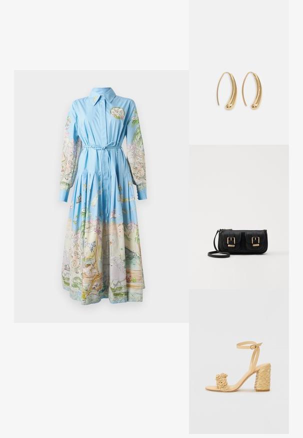 Svetlo modra obleka z dolgimi potiskanimi rokavi, ki prikazujejo živahne ilustracije; s ovratnikom, zavezanem pasom in nabranim krilom.; Beige sandala na visokom potplatu s pletenom teksturom, s dekorativnim cvijetom i remenom oko gležnja. Kvadratna peta osigurava stabilnost.; Črna usnjena torbica čez ramo z dvema sprednjima žepoma, zlatimi zaponkami, zadrgo in ozkim pasom. Tekstura površine je strukturirana, obliko pa ima kompaktno pravokotno.; Zlato-tonirani kovinski uhani v obliki obroča s krivuljo in podolgovato obliko. Imajo gladko, sijočo površino in zaobljen vrh za dodaten detajl.