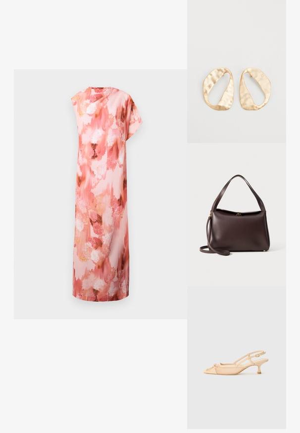 Ziedu maxi kleita maigos rozā un persiku toņos, ar abstraktu akvareļa rakstu, īsām piedurknēm un brīvu siluetu.; Stuart Weitzman KITTY - Klasiski papēži - beige/barely beige; Brūna ādas rokassoma ar strukturētu formu, kurai ir viens augšējais rokturis un noņemams plecu siksna. Ar zeltainu detaļu.; Pāris neregulāras ovālas formas zelta toņos metāla auskaru ar teksturētu, nedaudz sitētu virsmu uz baltas fona.