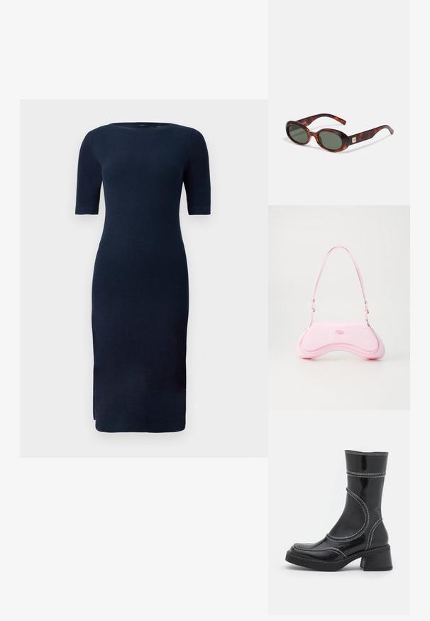 Marineblaues gestricktes Kleid in Knielänge mit Ellenbogenlangen Ärmeln, rundem Halsausschnitt und seitlichem Schlitz vor einfarbigem Hintergrund.; Schwarze Lackleder-Ankle Boots mit weißen Nähten, abgerundeter Zehe und Blockabsatz. Besitzt geschwungene Designlinien und eine glatte Textur.; Schildkrötenmuster Sonnenbrille mit dunklen Gläsern, ovaler Form und breiten Bügeln. Verfügt über eine kleine goldene Akzentuierung an der Seite. Hergestellt aus glattem Kunststoff.; Diesel Handtasche - quartz pink