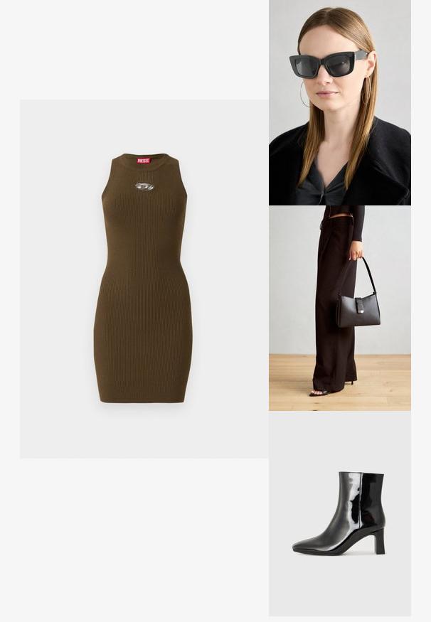 Mouwloze, ribbelige, bruine gebreide jurk met ronde hals, aansluitende silhouet, ovale metallic logo detail op de borst en een rood merlabel aan de binnenkant van de kraag.; Zwarte gepolijste leren enkellaars met een spitse neus en een blokhak van gemiddelde hoogte. Glad textuur en minimalistisch ontwerp.; Zwarte cat-eye zonnebril met donkere lenzen, dikke monturen en subtiele accenten. Draagt een zwarte jas en een grijze top, met lang stijl haar.; Zwarte handtas met gestructureerde vorm, gladde textuur en een metalen sluiting. Gecombineerd met brede zwarte broeken en sandalen met open teen op een houten vloer.