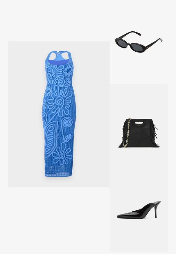 Modrá bezramínková šaty s texturovanými květinovými vzory, vyrobené z síťoviny. Mají přiléhavý siluetu a délku ke kolenům.; Černé lakované kožené muly na vysokém podpatku s špičatou špičkou a elegantním siluetou, s otevřenou zadní částí a štíhlým stiletto podpatkem.; Černé oversized sluneční brýle s oválnými čočkami, hladkým plastovým rámem a zlatými akcenty na spáncích. Tmavé čočky poskytují ochranu před sluncem.; Černá kožená kabelka s třásněmi, zlatým řetízkovým ramenním popruhem a rukojetí s výřezem. Na přední straně se nachází logo.