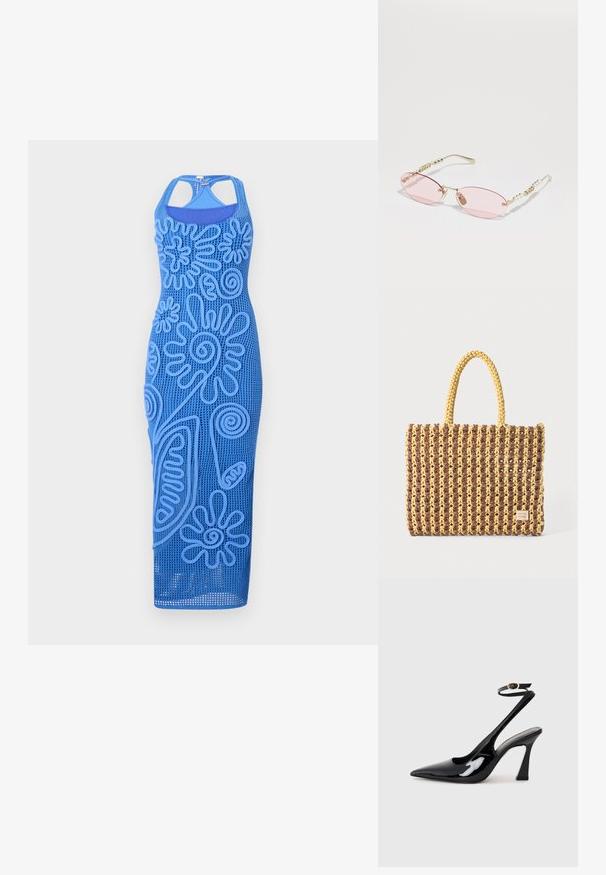 Kék, ujjatlan ruha, amely texturált virágmintákkal van díszítve, hálós anyagból készült. Feszes fazonú és térd alá ér.; Fekete lakk bőrből készült, slingback magas sarkú cipők, hegyes orral, állítható bokapánttal és mérsékelt tömbsarkal. Simább textúra, fényes felület.; Gucci Napszemüvegek - gold-coloured/pink; Barna és sárga színű, téglalap alakú, két füles táska, textúrált felülettel, látható varrásokkal és márkacímkével.