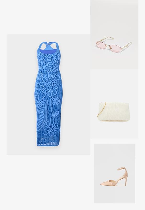 Zila, bez piedurknēm izgatavota kleita ar strukturētām ziedu apdrukām, kas izgatavota no sieta materiāla. Tai ir pieguļoša silueta un ceļgala garuma apdare.; Nude patentēta ādas kurpe ar noraksta siksnu un stiletto papēdi, ar gludu virsmu un minimālistisku dizainu.; Gucci Saulesbrilles - gold-coloured/pink; Balta teksturēta pleca soma ar salocītu dizainu, kas aprīkota ar zelta ķēdes siksnu. Gluda virsma ar smalkām viļņveida formām un noapaļotām malām.
