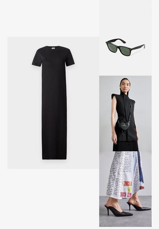 Mustat, polvipituiset mekko pehmeästä kankaasta. Siinä on lyhyet hihat, pyöreä pääntie ja suora siluetti ilman lisäkuvioita.; Mustat nahkakengät, joissa on terävä kärki ja korkea korko, yhdistetty valkoisen kuviollisen vaatekappaleen kanssa, jossa on nauhoitusyksityiskohtia.; Mustat muoviset aurinkolasit, joissa on vihreät linssit, neliönmuotoiset kehykset, hopeinen yksityiskohta kulmakarvojen kohdalla sekä tekstuuriset temppeleiden varret. Brändi ilmoitettu sisävarsissa.; Mustat hihattomat paidat, joissa on rakenteelliset olkapäät, yhdistettynä mustaan nahkaiseen sydämenmuotoiseen olkalaukkuun, jossa on hopeiset yksityiskohdat ja logo.