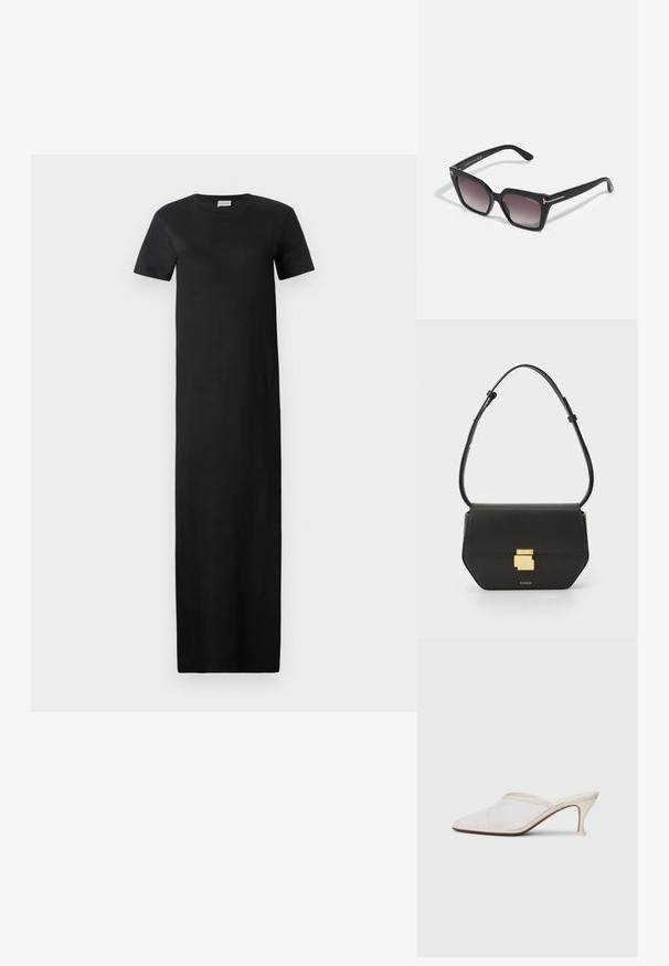 Čierne šaty po kolená vyrobené z mäkkej tkaniny. Majú krátke rukávy, okrúhly výstrih a priamy strih bez ďalších vzorov.; Biele sieťované lodičky s špicatou špičkou, s úzkym stredne vysokým podpätkom a bez zapínania, na jednobodovom pozadí.; Čierne nadrozmerné slnečné okuliare s geometrickým tvarom, gradientovými šošovkami a zlatými doplnkami na ramenách. Vyrobené z odolného plastového materiálu.; CLOSED CLOSED ONE - Taška cez plece - black