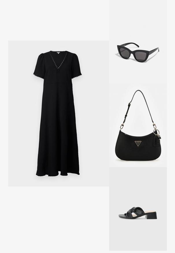 Čierne maxi šaty s výstrihom do V a krátkymi nariasenými rukávmi. Obsahujú textúrovanú látku, čipkový lem pozdĺž výstrihu a splývavý strih.; Čierne kožené sandále s prepleteným dizajnom horného dielu, štvorcovou špičkou a nízkym blokovým opätkom, s hladkou textúrou a minimalistickým štýlom.; Čierne slnečné okuliare v štýle mačacích očí s matným povrchom, so šedými tónovanými sklami, ostrými hranami a elegantnými bokovými ramenami. Názov značky je viditeľný na vnútornom ramene.; Čierna syntetická plecnička s oblým siluetom, textúrovaným povrchom, zlatým trojuholníkovým logom a odnímateľnými kovovými detailmi.