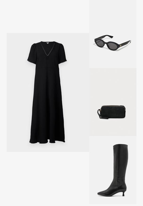Vestido maxi preto com decote em V e mangas curtas bufantes. Apresenta um tecido texturizado, renda ao longo do decote e uma silhueta fluida.; Zign Botas - black; Óculos de sol ovais pretos com lentes escuras e armação de plástico brilhante. Apresenta um logotipo dourado na haste, oferecendo um design elegante e moderno.; Clutch bag preta em camurça, com fecho em zíper e alça de pulso removível. Apresenta acessórios em tom dourado e uma textura suave e fosca.