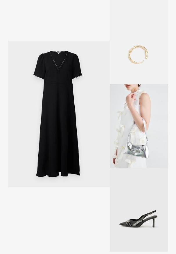 Schwarzes Maxikleid mit V-Ausschnitt und kurzen Puffärmeln. Verfügt über einen strukturierten Stoff, Spitzeneinsätze entlang des Ausschnitts und eine fließende Silhouette.; Schwarzer Lackleder Slingback-Schuh mit spitzem Zehenbereich, Knöchelriemen mit silbernen Schnallen und Beschlägen sowie einem schlanken Absatz.; Silberne metallische Handtasche mit strukturierter Form, ausgestattet mit einem oberen Griff und einer Schleifenapplikation auf der Vorderseite. Glatte Textur, reflektierendes Finish.; Goldfarbener Ring mit einem organischen, gedrehten Design, glatter Oberfläche und sich verjüngenden Enden, was ein modernes, skulpturales Erscheinungsbild erzeugt.