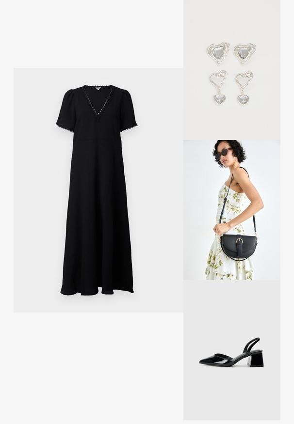 Black maxi dress with a V-neckline and short puff sleeves. Features textured fabric, lace trim along the neckline, and a flowing silhouette.; Black patent leather slingback heels with a pointed toe and a geometric block heel. Features a sleek, minimal design and smooth texture.; Black leather handbag with a curved shape, detachable strap, and gold hardware. The bag features a flap with a buckle detail.; Silver heart-shaped earrings feature faceted clear stones, with a textured frame. The set includes stud and drop styles.