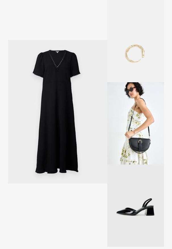 Schwarzes Maxikleid mit V-Ausschnitt und kurzen Puffärmeln. Verfügt über einen strukturierten Stoff, Spitzeneinsätze entlang des Ausschnitts und eine fließende Silhouette.; Schwarze Lackleder-Slingback-High Heels mit spitzem Schuh und einem geometrischen Blockabsatz. Verfügt über ein schlankes, minimalistisches Design und eine glatte Textur.; Schwarze Lederhandtasche mit geschwungener Form, abnehmbarem Tragegurt und goldenen Beschlägen. Die Tasche verfügt über einen Deckel mit einer Schnallen-Details.; Goldfarbener Ring mit einem organischen, gedrehten Design, glatter Oberfläche und sich verjüngenden Enden, was ein modernes, skulpturales Erscheinungsbild erzeugt.
